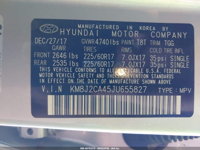 Продаж на аукціоні авто 2018 Hyundai Tucson Se, vin: KM8J2CA45JU655827, номер лоту: 45783210