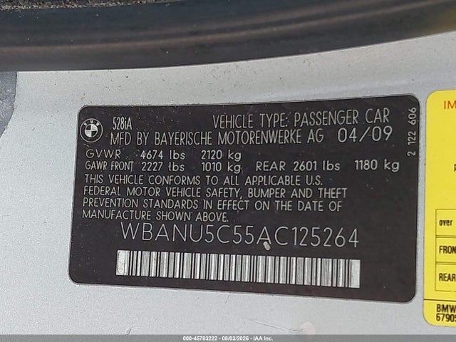 Auction sale of the 2010 Bmw 528i, vin: WBANU5C55AC125264, lot number: 45783222