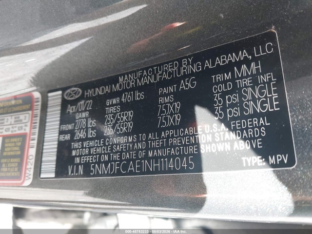 45783233 :رقم المزاد ، 5NMJFCAE1NH114045 vin ، 2022 Hyundai Tucson Sel مزاد بيع