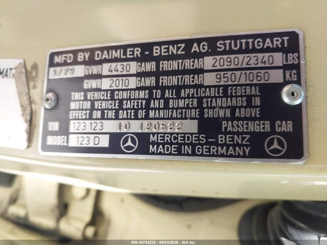1979 Mercedes-benz 240d Series მანქანა იყიდება აუქციონზე, vin: 12312310120522, აუქციონის ნომერი: 45783232