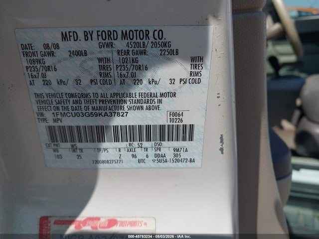 2009 Ford Escape Xlt მანქანა იყიდება აუქციონზე, vin: 1FMCU03G59KA37827, აუქციონის ნომერი: 45783234