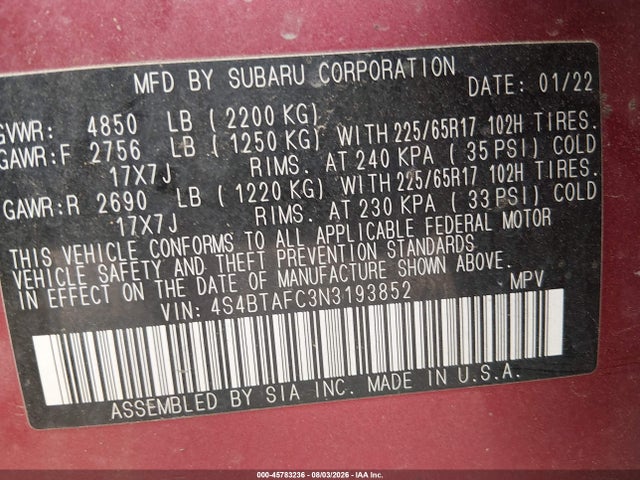 Aukcja sprzedaży 2022 Subaru Outback Premium, vin: 4S4BTAFC3N3193852, numer aukcji: 45783236