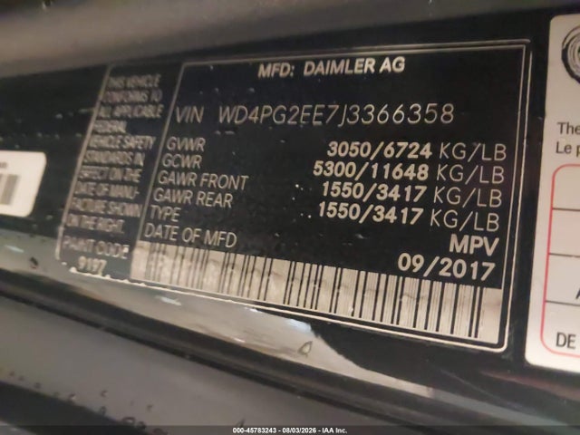 Продаж на аукціоні авто 2018 Mercedes-benz Metris, vin: WD4PG2EE7J3366358, номер лоту: 45783243