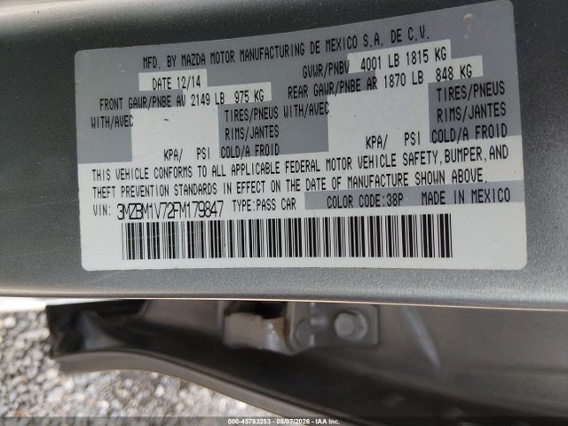 45783253 :رقم المزاد ، 3MZBM1V72FM179847 vin ، 2015 Mazda Mazda3 I Touring مزاد بيع