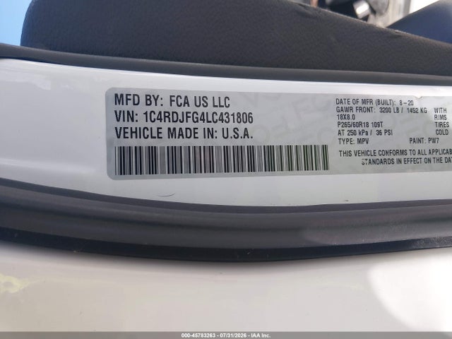 45783263 :رقم المزاد ، 1C4RDJFG4LC431806 vin ، 2020 Dodge Durango Pursuit Awd مزاد بيع