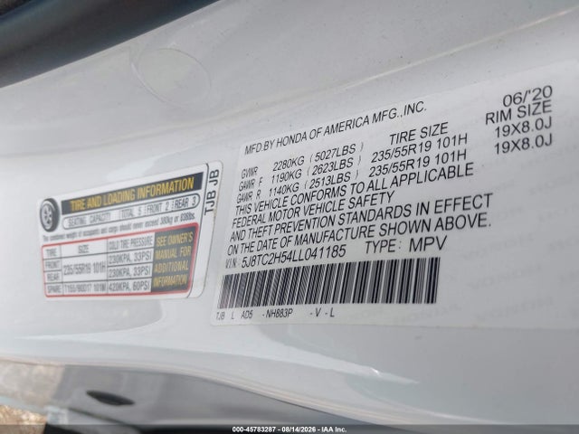 Auction sale of the 2020 Acura Rdx Technology Package, vin: 5J8TC2H54LL041185, lot number: 45783287