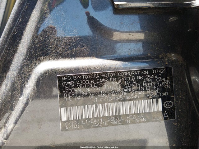 45783290 :رقم المزاد ، JTHGZ1B20M5046945 vin ، 2021 Lexus Is 350 F Sport مزاد بيع