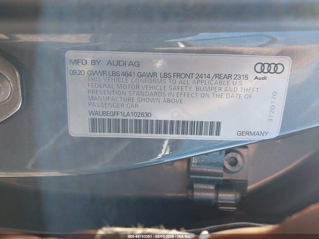 Aukcja sprzedaży 2020 Audi A3 Premium 45 Tfsi S Line Quattro S Tronic, vin: WAUBEGFF1LA102630, numer aukcji: 45783301