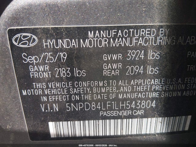Aukcja sprzedaży 2020 Hyundai Elantra Sel, vin: 5NPD84LF1LH543804, numer aukcji: 45783305