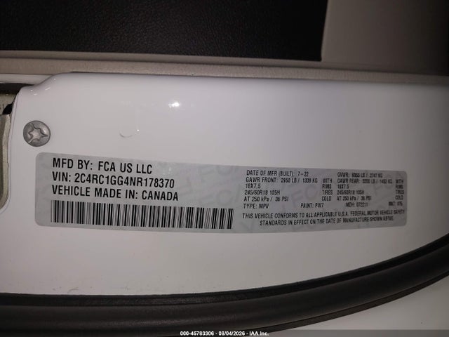 Aukcja sprzedaży 2022 Chrysler Pacifica Limited, vin: 2C4RC1GG4NR178370, numer aukcji: 45783306