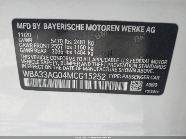 Продаж на аукціоні авто 2021 Bmw 530e Xdrive, vin: WBA33AG04MCG15252, номер лоту: 45783312