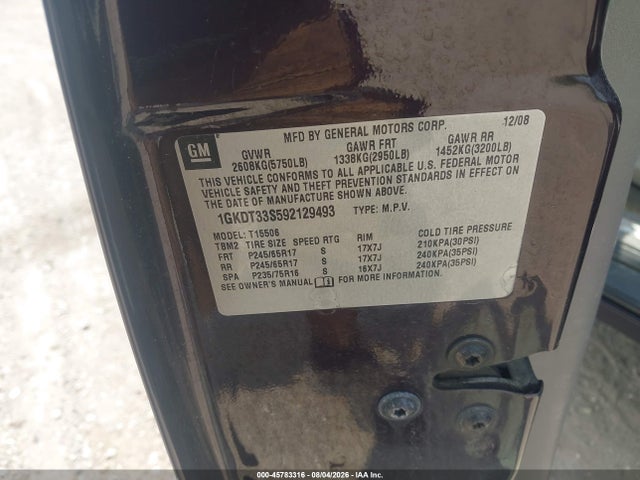 45783316 :رقم المزاد ، 1GKDT33S592129493 vin ، 2009 Gmc Envoy Sle مزاد بيع