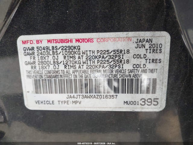 2010 Mitsubishi Outlander Se მანქანა იყიდება აუქციონზე, vin: JA4JT3AWXAZ016357, აუქციონის ნომერი: 45783319