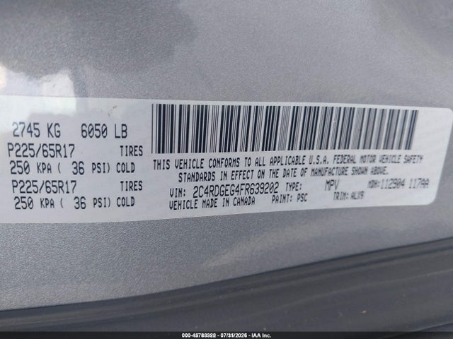45783322 :رقم المزاد ، 2C4RDGEG4FR639202 vin ، 2015 Dodge Grand Caravan R/t مزاد بيع