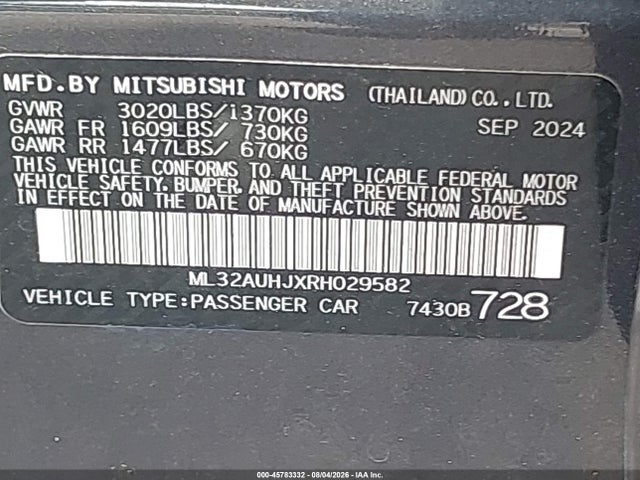 Продаж на аукціоні авто 2024 Mitsubishi Mirage Es/le, vin: ML32AUHJXRH029582, номер лоту: 45783332