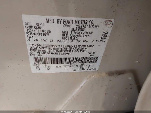 45783337 :رقم المزاد ، 2LMDJ6JK3EBL19951 vin ، 2014 Lincoln Mkx مزاد بيع