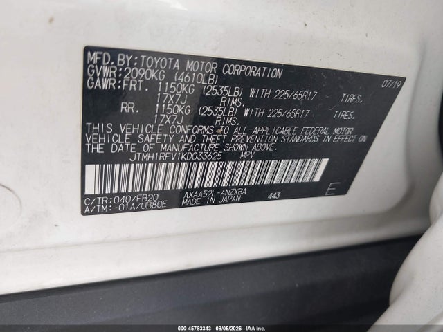 Aukcja sprzedaży 2019 Toyota Rav4 Le, vin: JTMH1RFV1KD033625, numer aukcji: 45783343