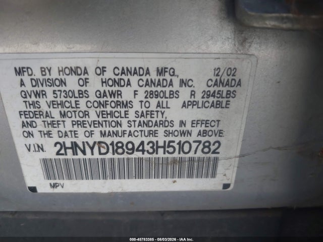 45783385 :رقم المزاد ، 2HNYD18943H510782 vin ، 2003 Acura Mdx مزاد بيع