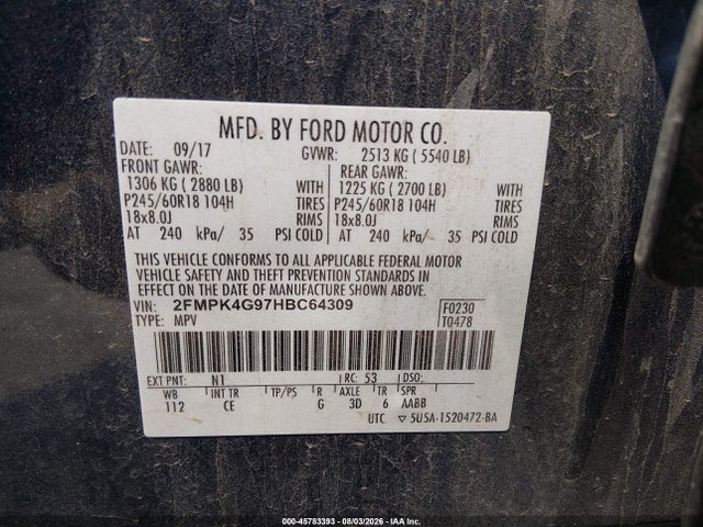 Продаж на аукціоні авто 2017 Ford Edge Se, vin: 2FMPK4G97HBC64309, номер лоту: 45783393