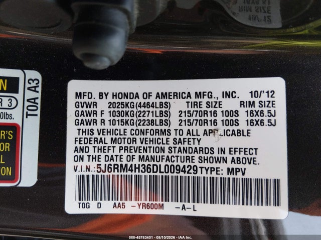 2013 Honda Cr-v Lx მანქანა იყიდება აუქციონზე, vin: 5J6RM4H36DL009429, აუქციონის ნომერი: 45783401