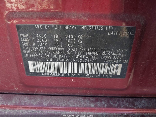 45783410 :رقم المزاد ، 4S3BMDL67B2226872 vin ، 2011 Subaru Legacy 3.6r Limited مزاد بيع
