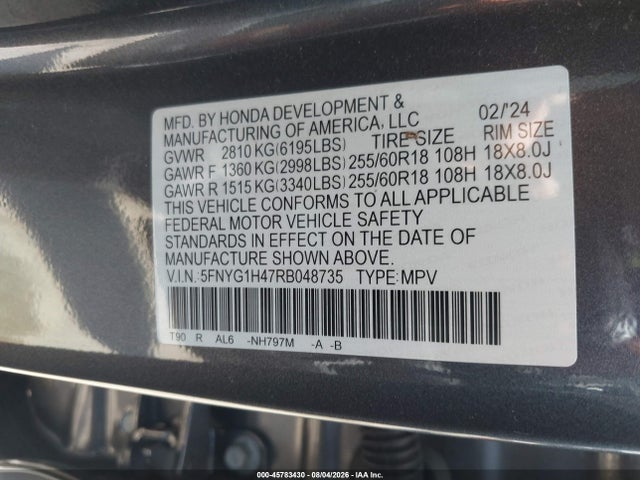 Продажа на аукционе авто 2024 Honda Pilot Ex-l, vin: 5FNYG1H47RB048735, номер лота: 45783430