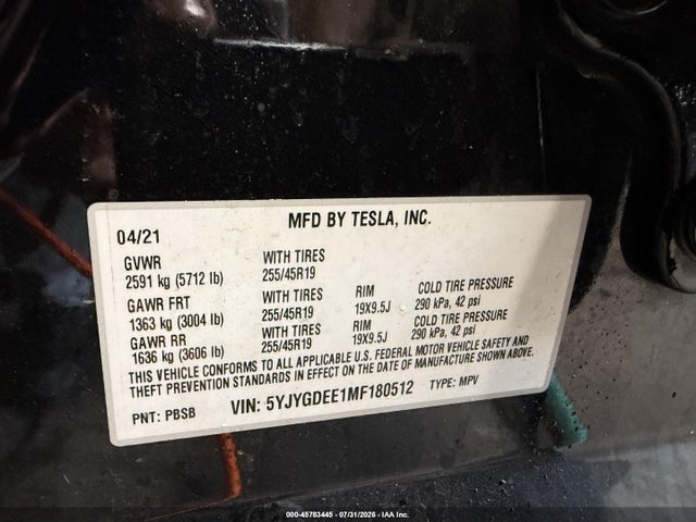 Продажа на аукционе авто 2021 Tesla Model Y Long Range Dual Motor All-wheel Drive, vin: 5YJYGDEE1MF180512, номер лота: 45783445