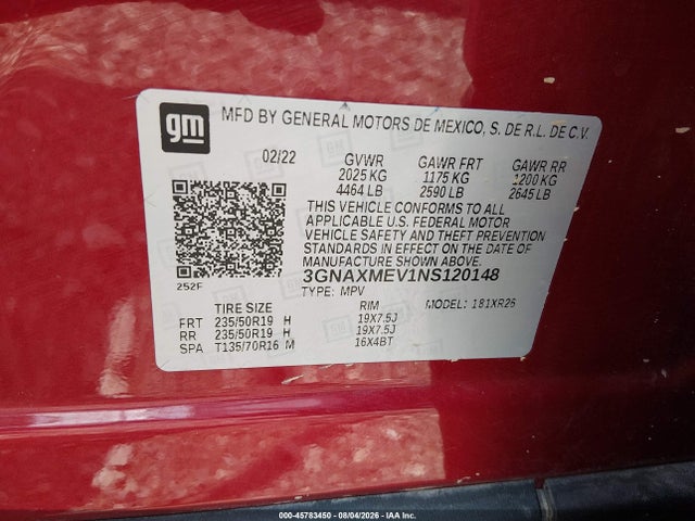 Продажа на аукционе авто 2022 Chevrolet Equinox Fwd Rs, vin: 3GNAXMEV1NS120148, номер лота: 45783450