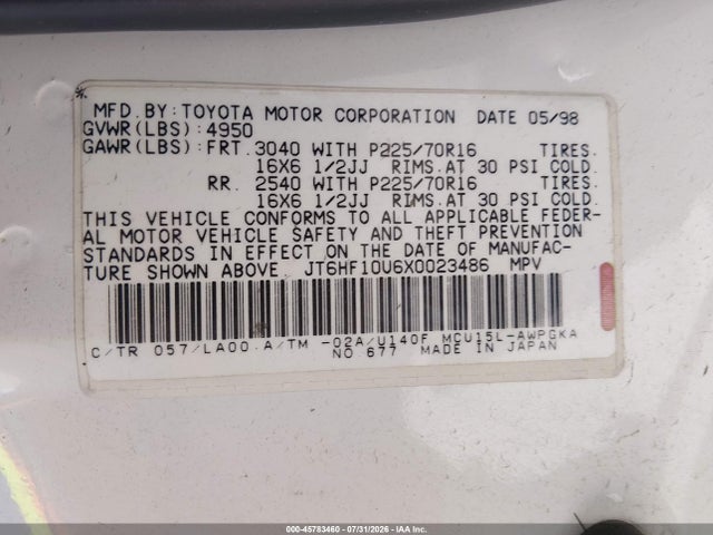 45783460 :رقم المزاد ، JT6HF10U6X0023486 vin ، 1999 Lexus Rx 300 مزاد بيع
