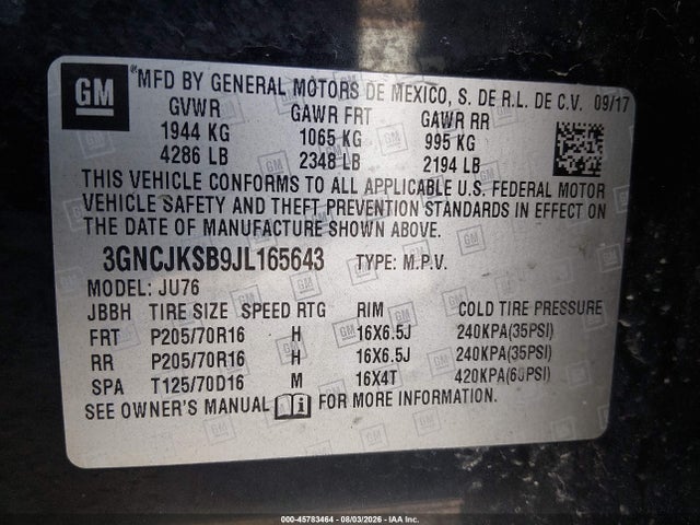 45783464 :رقم المزاد ، 3GNCJKSB9JL165643 vin ، 2018 Chevrolet Trax Ls مزاد بيع