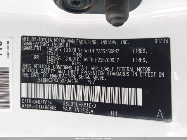 5TDKK3DC0GS704134 Toyota Sienna Le 8 Passenger