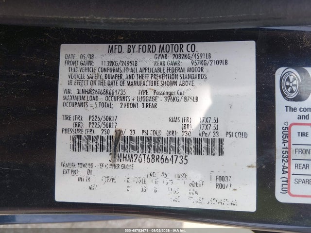 Продаж на аукціоні авто 2008 Lincoln Mkz, vin: 3LNHM26T68R664735, номер лоту: 45783471