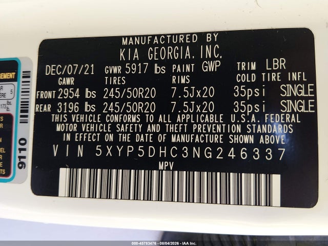 Aukcja sprzedaży 2022 Kia Telluride Sx, vin: 5XYP5DHC3NG246337, numer aukcji: 45783476