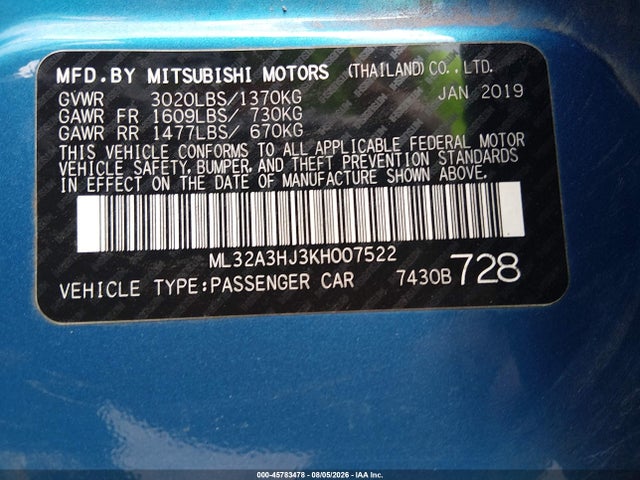45783478 :رقم المزاد ، ML32A3HJ3KH007522 vin ، 2019 Mitsubishi Mirage Es/rf مزاد بيع