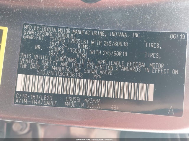 5TDJZRFH3KS606193 Toyota Highlander Xle