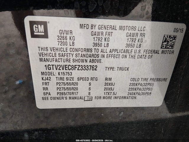 45783502 :رقم المزاد ، 1GTV2VEC8FZ333762 vin ، 2015 Gmc Sierra 1500 Slt مزاد بيع