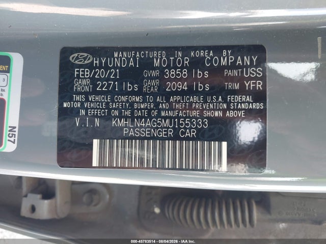 Aukcja sprzedaży 2021 Hyundai Elantra Sel, vin: KMHLN4AG5MU155333, numer aukcji: 45783514