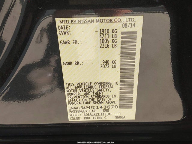 Aukcja sprzedaży 2015 Nissan Altima 2.5/s/sv/sl, vin: 1N4AL3AP4FC143670, numer aukcji: 45783520