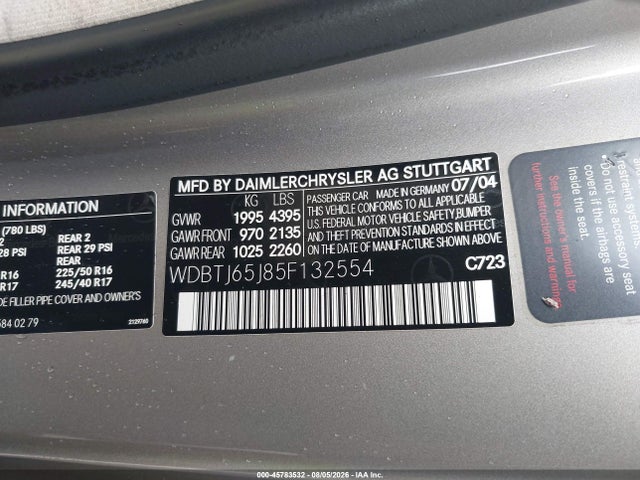 Aukcja sprzedaży 2005 Mercedes-benz Clk 320, vin: WDBTJ65J85F132554, numer aukcji: 45783532