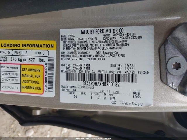 Auction sale of the 2017 Ford Fusion Se, vin: 3FA6P0H7XHR280132, lot number: 45783535