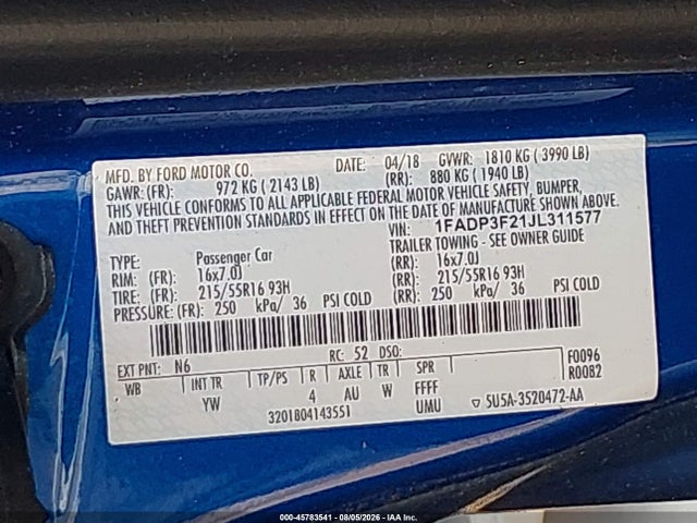 2018 Ford Focus Se მანქანა იყიდება აუქციონზე, vin: 1FADP3F21JL311577, აუქციონის ნომერი: 45783541