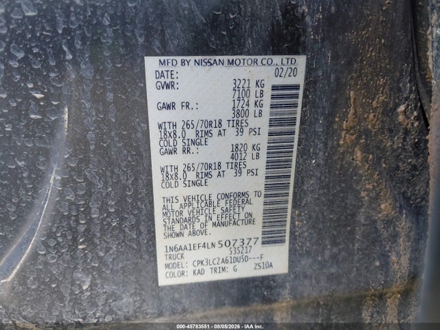 2020 Nissan Titan Sv 4x2 მანქანა იყიდება აუქციონზე, vin: 1N6AA1EF4LN507377, აუქციონის ნომერი: 45783551
