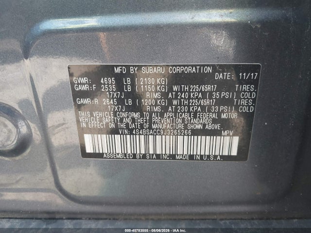 Aukcja sprzedaży 2018 Subaru Outback 2.5i Premium, vin: 4S4BSACC9J3265266, numer aukcji: 45783555