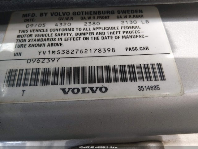 Aukcja sprzedaży 2006 Volvo S40 2.4i, vin: YV1MS382762178398, numer aukcji: 45783587