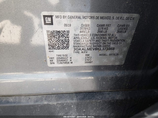 2019 Gmc Terrain Sle მანქანა იყიდება აუქციონზე, vin: 3GKALMEV8KL373868, აუქციონის ნომერი: 45783597