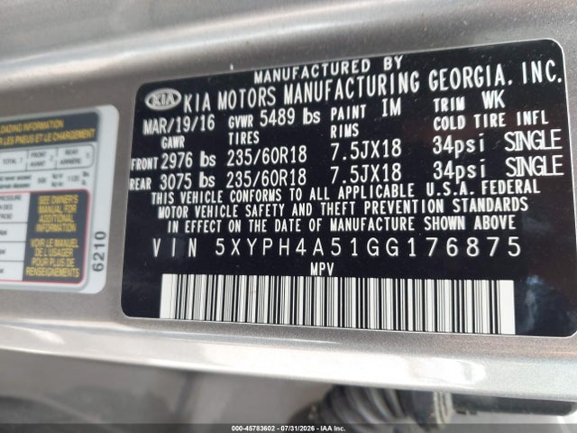 Aukcja sprzedaży 2016 Kia Sorento 3.3l Ex, vin: 5XYPH4A51GG176875, numer aukcji: 45783602