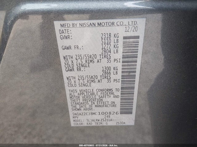 Aukcja sprzedaży 2021 Nissan Murano Sl Fwd, vin: 5N1AZ2CJ8MC100826, numer aukcji: 45783603