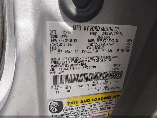 45783610 :رقم المزاد ، 1FMJU1HT9GEF23698 vin ، 2016 Ford Expedition Xlt مزاد بيع