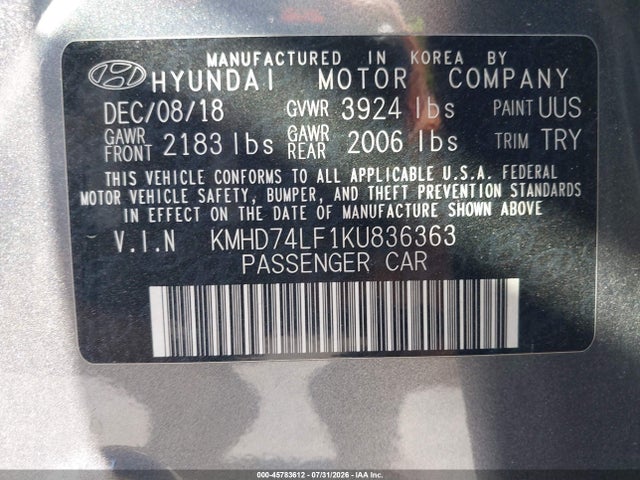 Продаж на аукціоні авто 2019 Hyundai Elantra Se, vin: KMHD74LF1KU836363, номер лоту: 45783612