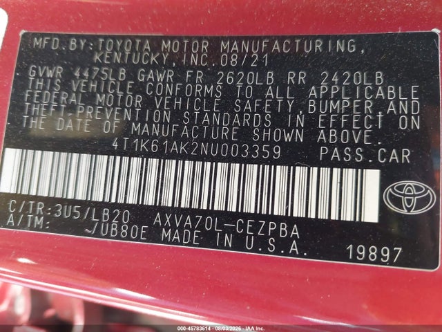 4T1K61AK2NU003359 Toyota CAMRY XSE